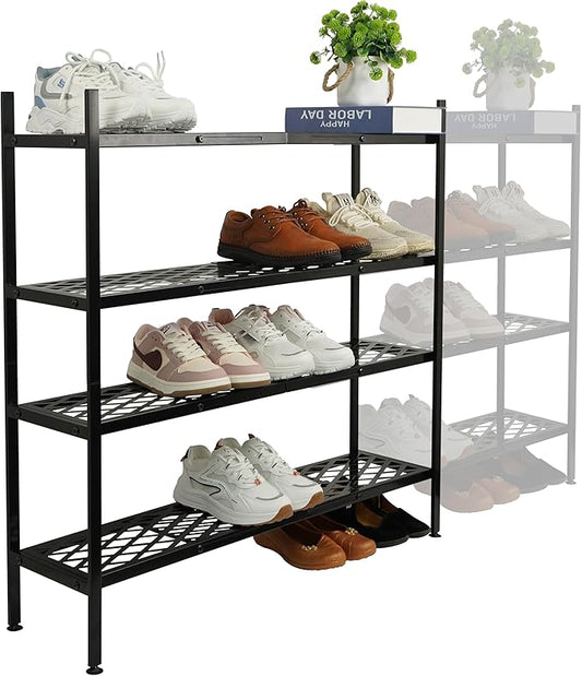 Shoe Rack, 4-Tier Long Shoe Rack, Stackable Shoe Storage Organizer Expandable Shoe Shelf Stand, Holds up to 25-30 Pairs of Shoes for Entryway, Garage, Front Door Entrance, Metal,45.6in Black-NeatNest
