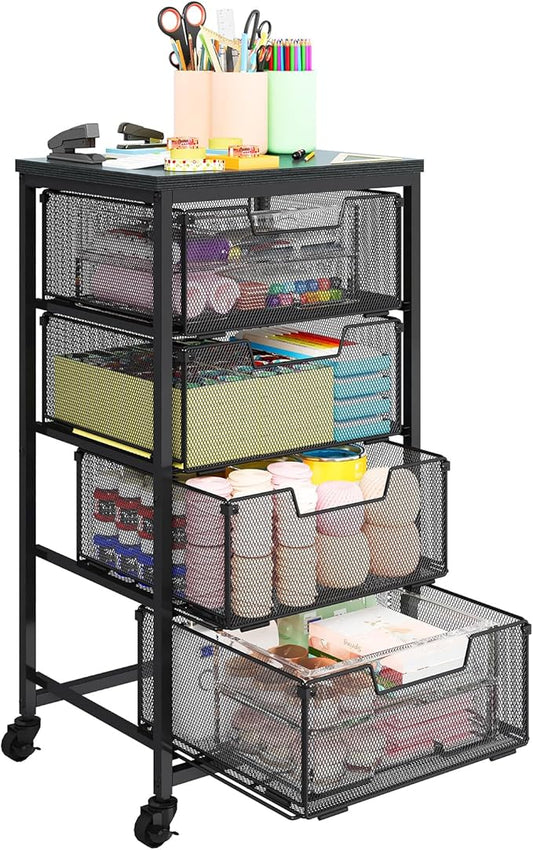 Metal Art and Craft Storage Organization Cart 4-Drawers Utility Rolling Carts With Lockable Wheels&Wooden Tabletop Art-Craft Supplies For Classroom,Office,Make-up,Kitchen,Bedroom,14"L x 11"W x 27.55"H