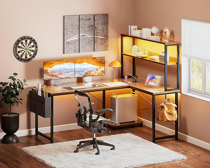 Casaottima Gaming Desk with Power Outlets & LED Lights, 53 Inch Reversible L Shaped Computer Desk with Shelves & Storage Bag, Corner Desk for Home Office, Vintage-NeatNest