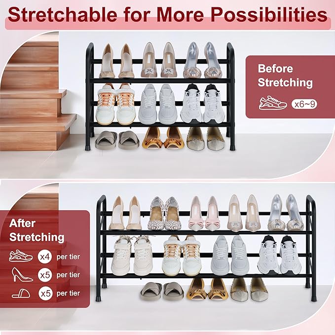Housen Solutions 2 Tier Expandable Shoe Rack for Closet, Adjustable Shoe Shelf Storage Organizer for Small Space,Heavy Duty Metal Free Standing Shoe Rack for Entryway Closet, Black-NeatNest