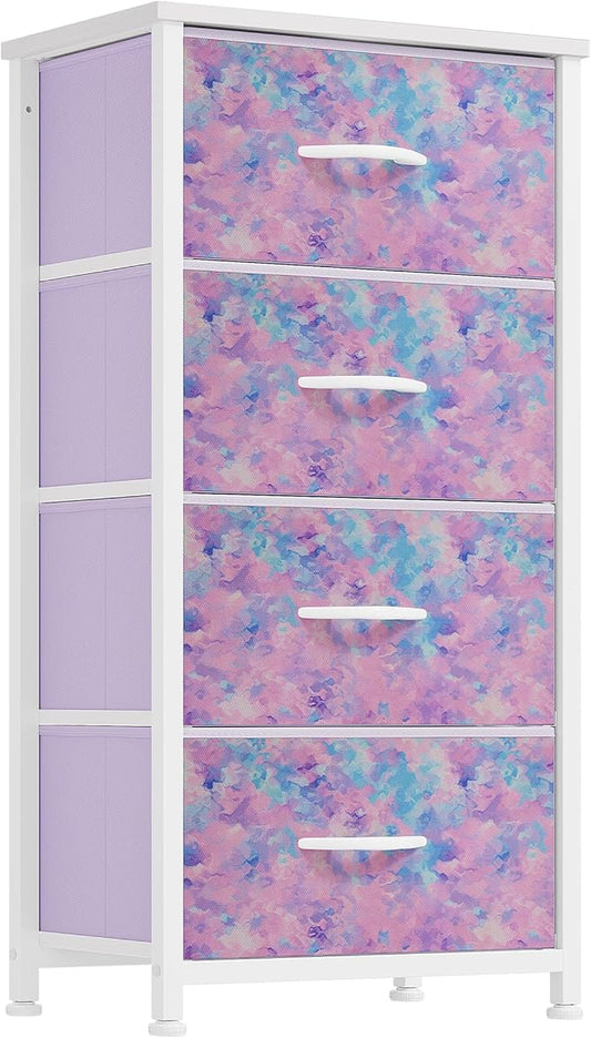 DWVO Dresser with 4 Drawers - Storage Tower Unit, Dresser for Bedroom, Living Room, Closets - Sturdy Steel Frame, Wooden Top & Easy Pull Fabric Bins, Purple-NeatNest