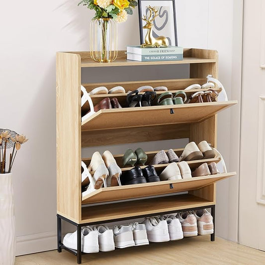 LEVNARY Shoe Storage Cabinet with 2 Flip Drawers, Wooden Narrow Shoe Cabinet Storage for Entryway, Freestanding Shoe Rack Organizer Cabinet with Metal Legs for Hallway (1, Natural Oak)-NeatNest