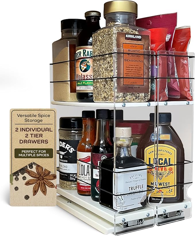 Vertical Spice - Large Pullout Sliding Spice Rack Organizer - 2 Individual 2 Tier Drawers - Premium Rolling Seasoning Holder/Caddy for Hidden Pantry Storage - Made in USA (6.9''W x 12.25" H x 10.6''D)