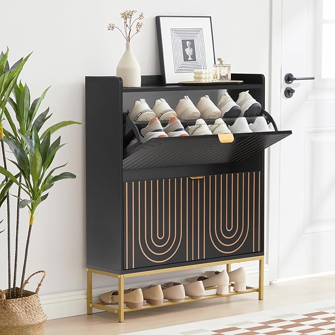 LEVNARY Narrow Shoe Storage Cabinet Set of 2, Mid-Century Modern 2-Tier Wooden Shoe Rack Organizer with Carving Lines, Freestanding Hidden Shoe Cabinet for Entryway Hallway Foyer (2, Black)-NeatNest