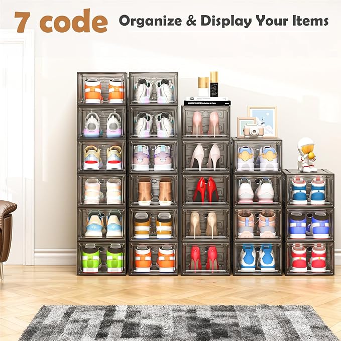 12 Pack Clear Shoe Storage Organizer with Magnetic Door, Stackable Plastic Shoe Boxes for Sneakers, Boots, and Heels, Space-Saving Foldable Shoe Rack for Closet, Durable Shoe Cabinet Organizer, Black-NeatNest
