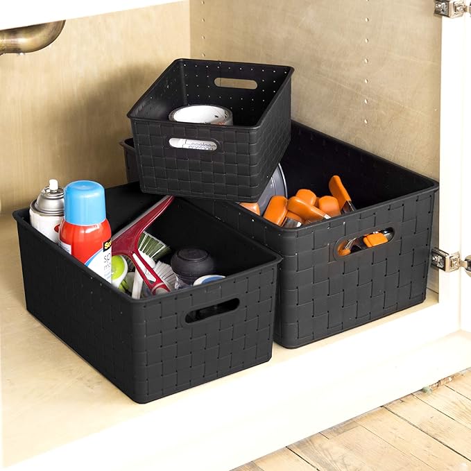 BINO Plastic Basket, Medium - Black, 4 Pack, The Stable Collection, Multi-Use Storage Basket, Rectangular Cabinet Organizer, Home & Office Storage Organizer, Baskets for Bathroom Organizing-NeatNest
