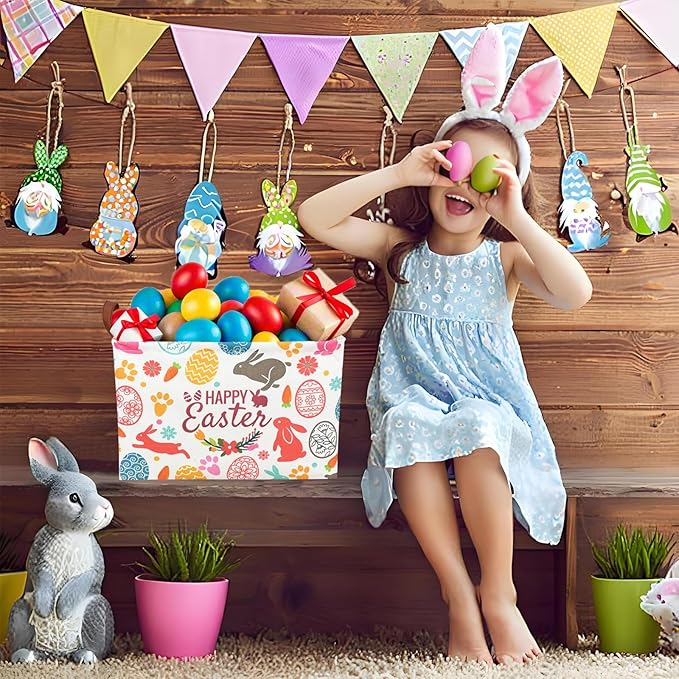 Easter Basket for Kid Large Empty Rectangular Cute Easter Gift Storage Basket Bunny Eggs Décor (Rabbit Bohemia)-NeatNest