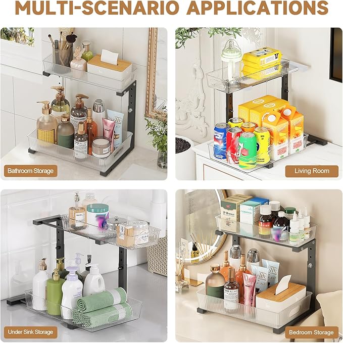 2 Pack Under Sink Organizer, 2-Tier Pull Out Cabinet Organizer, Acrylic Under Sink Storage Shelf for Kitchen Bathroom Cabinet, L-Shaped Adjustable Height for Clutter Cleaner Organization Rack-Black-NeatNest