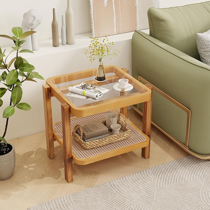 Giantex Rattan Side Tables Set of 2, Boho End Tables for Living Room, Narrow Bedside Tables with Tempered Glass Top, Wood Accent Tables with Storage Shelf, 2-Tier Nightstands for Bedroom Small Spaces