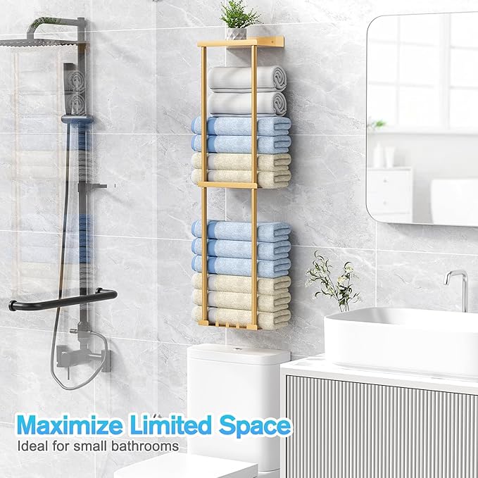 Towel Rack for Bathroom, Wall Mounted Vertical Rolled Towel Storage Organizer Holder with Shelf, Holds Up 6 Large Bath Sheets, Gold