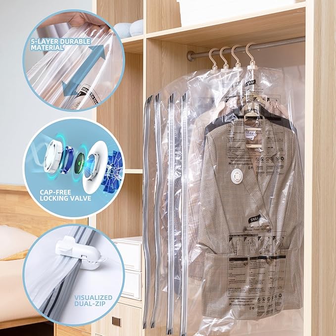 Hanging Vacuum Storage Bags with Electric Pump, 4 Pack (53 x27.5 inch), Vacuum Seal Bags for Clothing, Garment Storage for Short Jacket, Suits, Dresses, Closet Organizer Space Saving-NeatNest