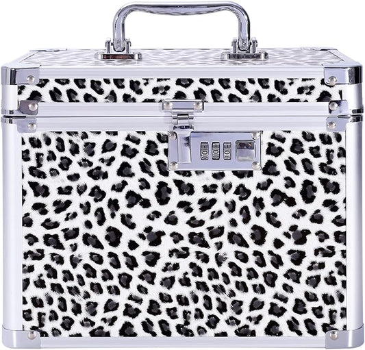 Medication Combination Lock Boxes with Code for Personal Items, Medicine Lockbox for Documents 10 x 7.25 x 7.75 Inches White Leopard