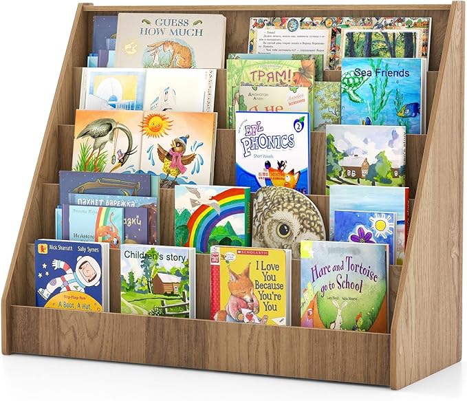 Costzon 5-Tier Kids Bookshelf, Wooden Children Bookcase, Toddler Book Rack, Magazine Storage & Display Shelf, Book Shelf for Kids Room, Living Room, Nursery, Classroom (Natural)-NeatNest