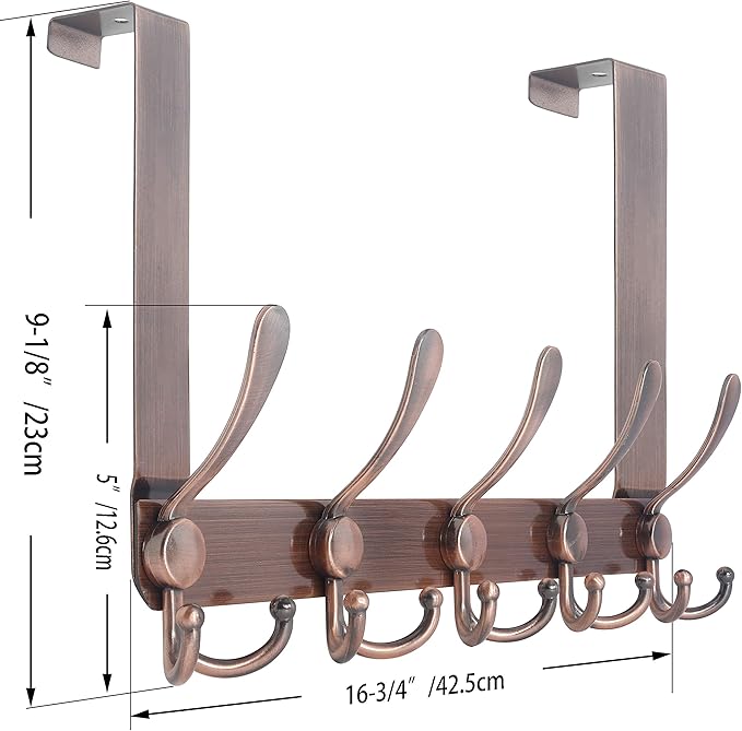 WEBI Over The Door Hook Rack with 5 Tri Hooks for Hanging Coats,Door Hanger Over Door Towel Rack Door Coat Towel Hanger Door Coat Rack,Antique Copper