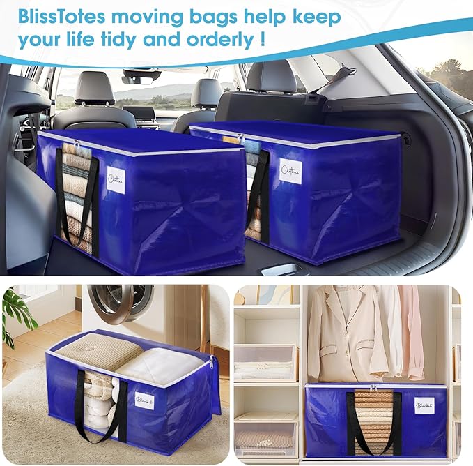 BlissTotes 6 Pack Moving Bags with Clear Window, Storage Bags with Strong Carrying Handles & Zippers,Large Packing Bags for Saving Space, Alternative to Moving Boxes(Blue,20 Gallon)-NeatNest
