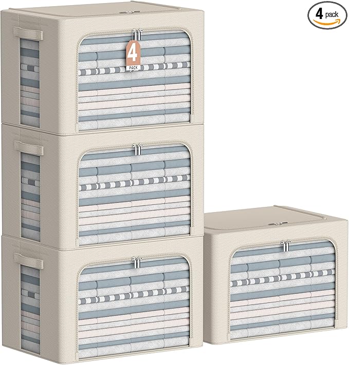 4 Pack Clothes Storage Bins - Oxford Fabric Metal Frame Storage Box - Foldable Stackable Container Organizer Set with Clear Window & Carry Handles & Zippers (Beige, 23.6"x19.7"x15.7")-NeatNest