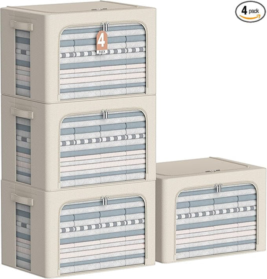 4 Pack Clothes Storage Bins - Oxford Fabric Metal Frame Storage Box - Foldable Stackable Container Organizer Set with Clear Window & Carry Handles & Zippers (Beige, 23.6"x19.7"x15.7")-NeatNest
