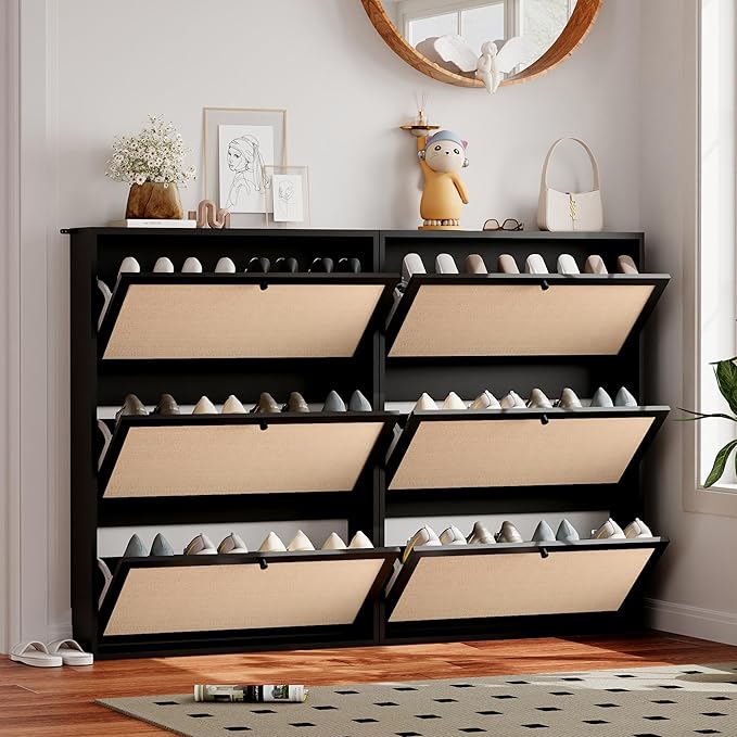 AVZEAR Narrow Shoe Storage Cabinet for Entryway with Natural Linen Panel, Freestanding Slim Shoe Cabinet with 3 Flip Drawers, Wood Shoe Organizer Closed Shoe Rack for Hallway, Living Room(Black)-NeatNest