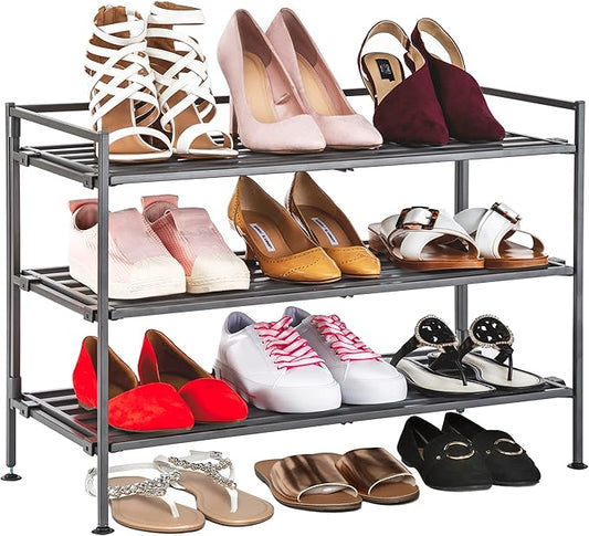 Seville Classics Sturdy Freestanding Storage Shelf for Bedroom, Closet, Entryway, Dorm Room Organizer Stackable Durable Metal Shoe Rack Ash Gray Slat, 3-Tier-NeatNest