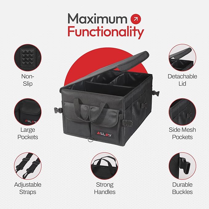 ALLAY Trunk Organizer for Car with Lid – Foldable SUV Trunk Organizer – Multi-Compartment Car Box and Storage – 800D Oxford Truck Bed Shelf with Securing Straps, Non-Slip Bottom 65L