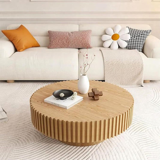 KEVINSPACE Round Coffee Table Wood, Drum Coffee Tables for Living Room Mid Century Modern CoffeeTable Fluted CircleCoffeeTable Accent Small Center Table Easy Assembly Light Wood Oak