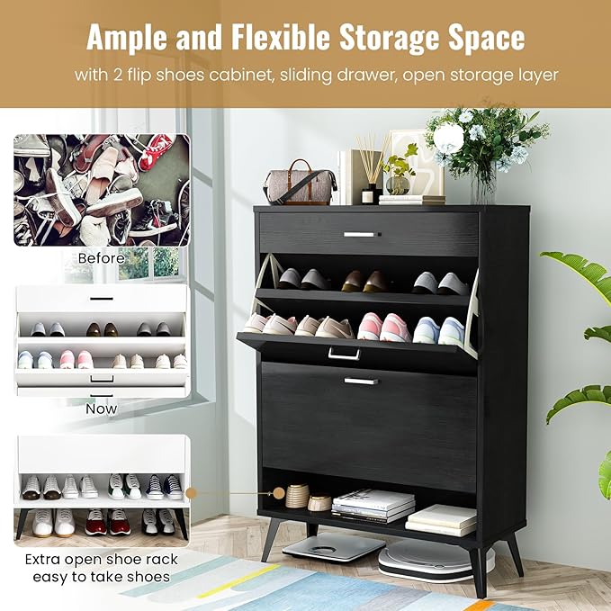 AWQM Shoe Storage Cabinet for Entryway, Free Standing Shoe Organizer with 2 Flip Drawers,Hidden Shoe Rack Storage Organizer for Doorway Hallway (Black)-NeatNest