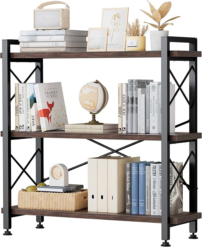 3 Tier Bookshelf Bookcase, 35.5'' Width Wood & Metal Open Book Shelf, Freestanding Industrial Display Shelf, Rustic Storage Shelves Organizer for Home Office, 300 lbs/Level