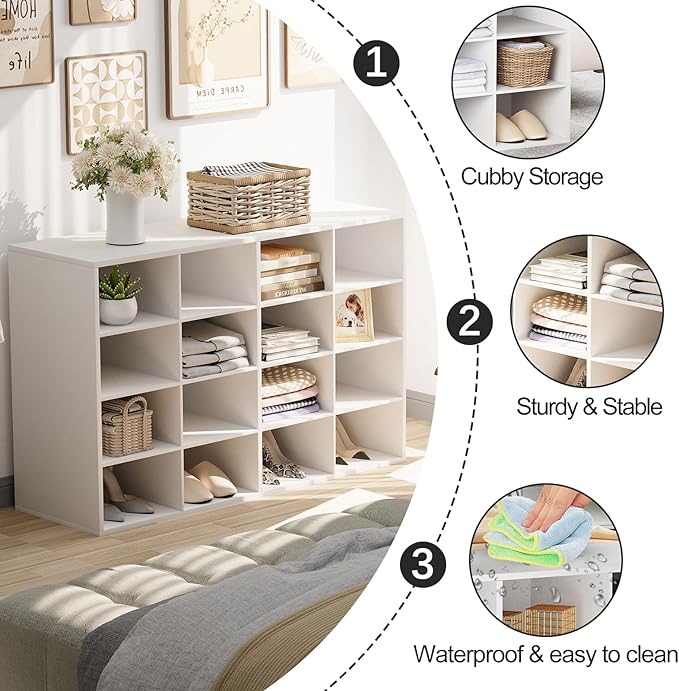 Garden 4 you Shoe Storage Bench, Cubby Shoe Rack with 16 Cubbies, 4-Tier Wood Shoe Rack Organizer, Shoe Organizer Cabinet for Entryway, Hallway, Closet and Garage, White-NeatNest