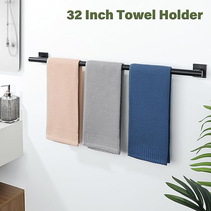 Alise Bath Towel Bars 32 Inch,Towel Hanger Towel Racks for Bathroom Lavatory,SUS304 Stainless Steel Towel Holder Wall Mount Single Towel Rail,Matte Black,GDL4080F-B