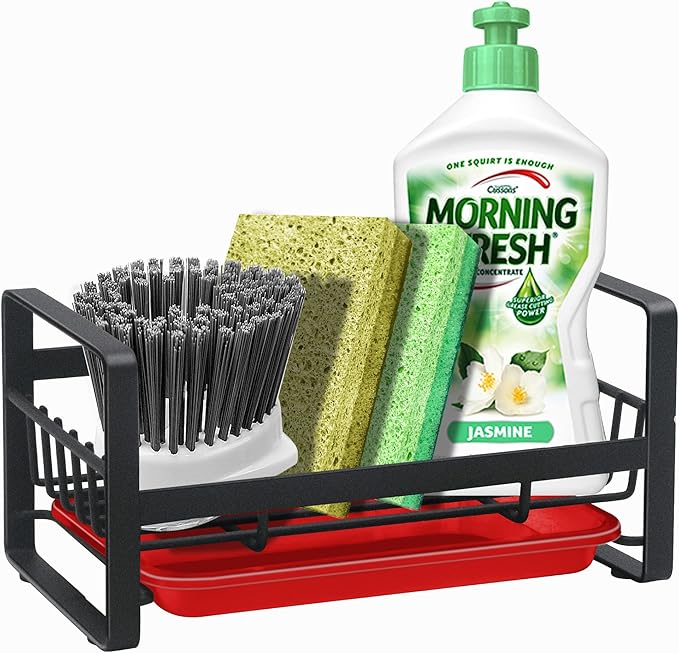 Kitchen Sponge Holder for Sink, Kitchen Sink Caddy Organizer, Sink Tray Drainer Rack, Dish Rags Brush Soap Storage Countertop with Removable Front Drain Pan - Black&Red