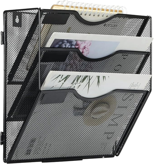 EasyPAG 3 Pocket Wall File Organizer, Black | Metal Mesh Wall Mounted File Holder | Assembly Hanging Mail Organizer | Replaceable Classify Labels | Office Home Letter Size Paper Storage