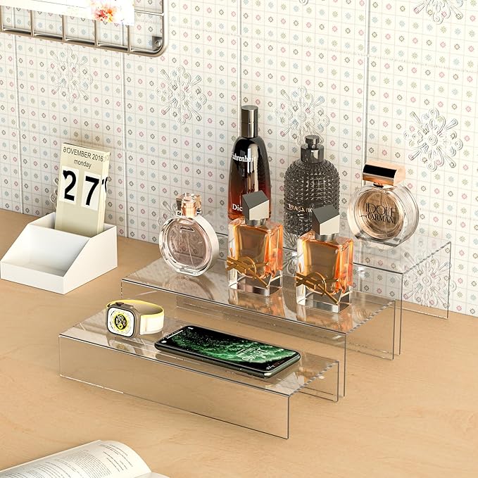 Clear Riser Display Shelf 3pcs, Desktop Rectangular Acrylic Display Shelves Storage Organizer, Acrylic Stands for Funko Pop Figure, Bags, Shoes, Spice Jars, Skincare, Cosmetics - 12-2'', 3'',-NeatNest