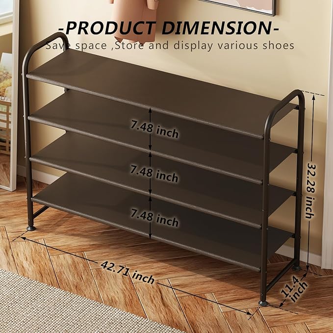 Shoe Rack 4 Tier Long Storage Organizer Wide Metal Shoe Shelf for Closet Entryway Brown-NeatNest