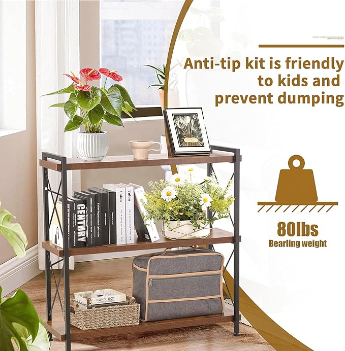 3 Tier Bookshelf, Open 3 Shelf Short Bookcase, Rustic Shelves with Metal Frame, Industrial Book Shelf for Bedroom Home Office Living Room, Rustic Brown