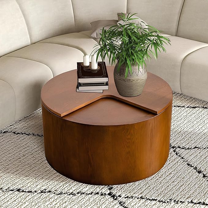27.16" Round Coffee Table with Storage Modern Handcraft Drum Coffee Table Circle Wood Accent Center Table Small Side Table for Living Room Apartment, Small Space (Round Walnut)