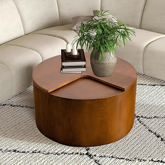 27.16" Round Coffee Table with Storage Modern Handcraft Drum Coffee Table Circle Wood Accent Center Table Small Side Table for Living Room Apartment, Small Space (Round Walnut)