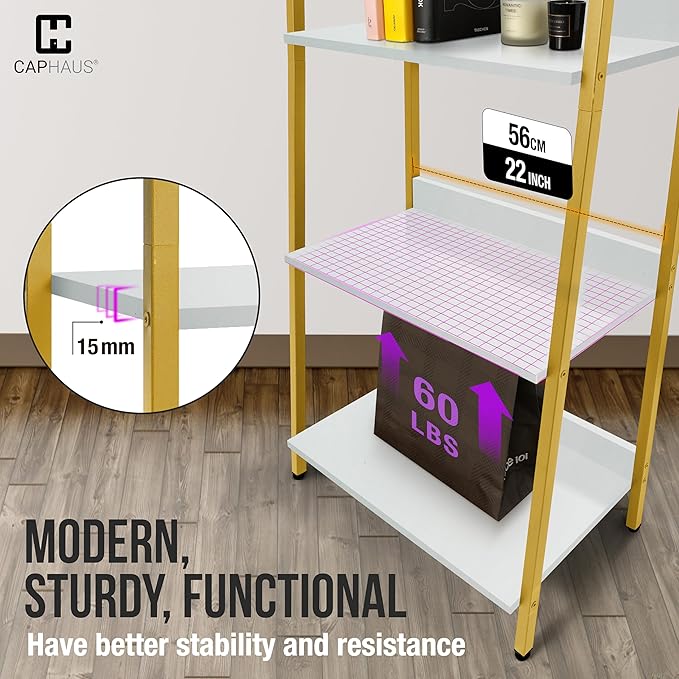 CAPHAUS 5 Tier Ladder Bookshelf, 24 Inch Width Free Standing Shelf, Bookcase Shelf Storage Rack Organizer, Industrial Book Shelves for Home Office, Living Room, Kitchen, White Shelves & Gold Frame-NeatNest