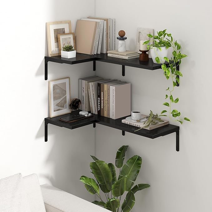 Fun Memories Deep Floating Shelves, 16W x 8D Floating Shelves Set of 2, Wall Mounted Shelf with Metal Brackets, Rustic Wood Wall Shelf for Bathroom, Kitchen and Living Room, Black-NeatNest