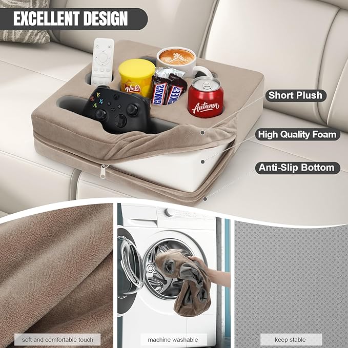 STBoo Couch Cup Holder Pillow Tray - Sofa Drink Cup Holder Cozy Buddy | Bed Caddy Organizer for Remote, Snacks Beverage, Phones, Tablet | Use it on Car, Pack, Beach, RV, Boat, Bedroom (Light Brown)-NeatNest