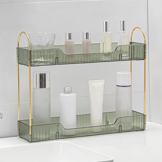 YCIA&DONE 2 Tiers Narrow Vanity Makeup Organizer, Bathroom Organizers Countertop Slim, Perfume Holder Skincare Storage Cosmetic Shelf Spice Rack, for Small Desktop Counter Space, Vintage Green-NeatNest