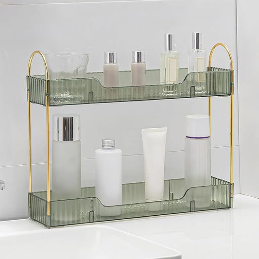 YCIA&DONE 2 Tiers Narrow Vanity Makeup Organizer, Bathroom Organizers Countertop Slim, Perfume Holder Skincare Storage Cosmetic Shelf Spice Rack, for Small Desktop Counter Space, Vintage Green-NeatNest