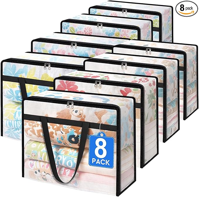 BlissTotes 8 Pack Clear Clothes Storage Bags, Under Bed Storage Containers, Foldable Blanket Storage Moving Bags with Sturdy Zipper and Handle for Clothing, Comforter, Bedding, Sheet (40L)-NeatNest