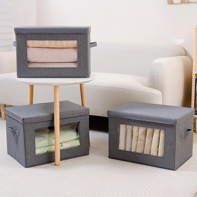 Citylife 3-Pack Collapsible Storage Bins with Lids, Linen Fabric Foldable Storage Boxes, Cube Closet Organization for Clothes, Blankets and Books, Gray-NeatNest