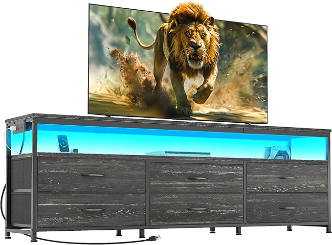 Huuger 63 Inch TV Stand for 55, 65, 70 Inch TV, Long Dresser TV Stand for Bedroom, Charcoal Black LED TV Stand with Power Outlets, Fabric Dresser with Storage, Entertainment Center for Living Room-NeatNest