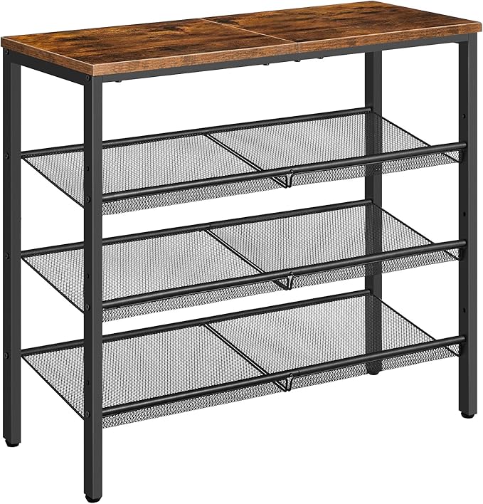 HOOBRO Shoe Rack for Entryway, 4-Tier Shoe Organizer with Adjustable Mesh Shelves, 12-16 Pairs of Shoes, Spacious Floor Mount, Metal, Industrial, Shoe Shelf for Closet, Rustic Brown BF42XJ01-NeatNest