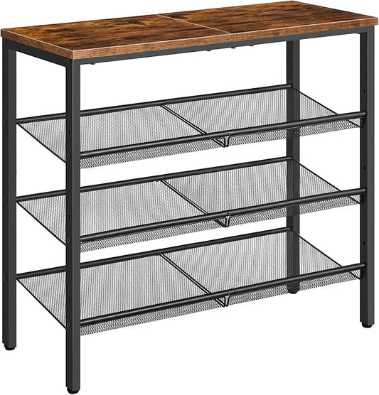 HOOBRO Shoe Rack for Entryway, 4-Tier Shoe Organizer with Adjustable Mesh Shelves, 12-16 Pairs of Shoes, Spacious Floor Mount, Metal, Industrial, Shoe Shelf for Closet, Rustic Brown BF42XJ01-NeatNest