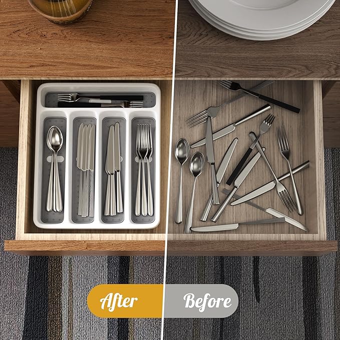 5-Slot Utensil Drawer Organizer for Silverware & Cutlery | Large Plastic Utensil Holder with Non-Slip Design, Silverware Drawer Organizer, BPA-Free (White)-NeatNest