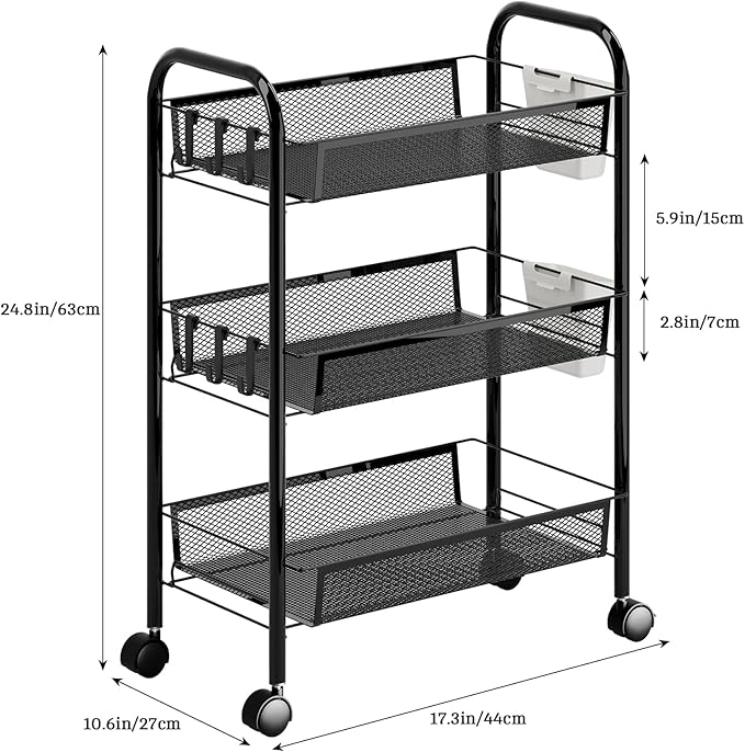 3/4/5 Tier Fruit Vegetable Basket, Stackable Metal Mesh Storage Basket with 360 Degree Wheels, Fruit Vegetable Produce Basket Storage Organizer for Kitchen, Pantry, Bathroom Black 3-Layers