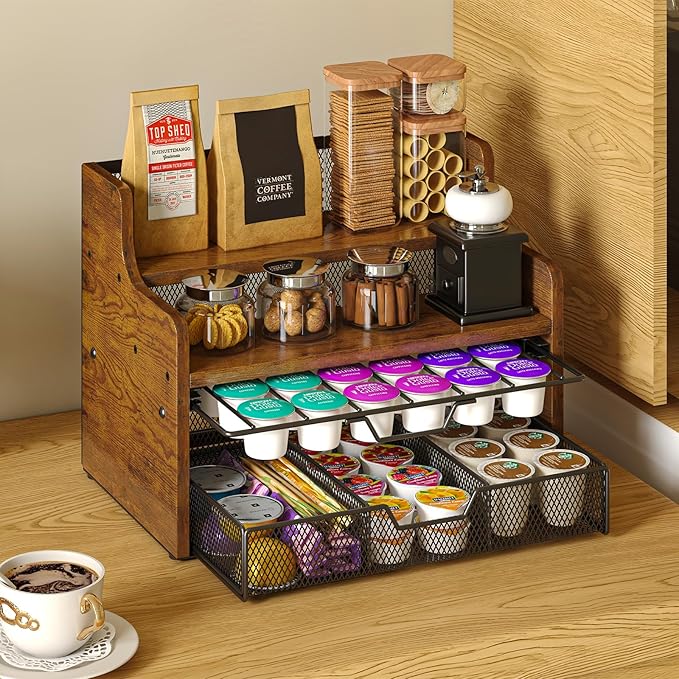 Coffee Pod Holder with Drawer & Dividers, 4-Tier Wood K Cup Organizer for Countertop, Coffee Bar Organizer Storage Box, Coffee Station Organizer for Kitchen Coffee Station-NeatNest