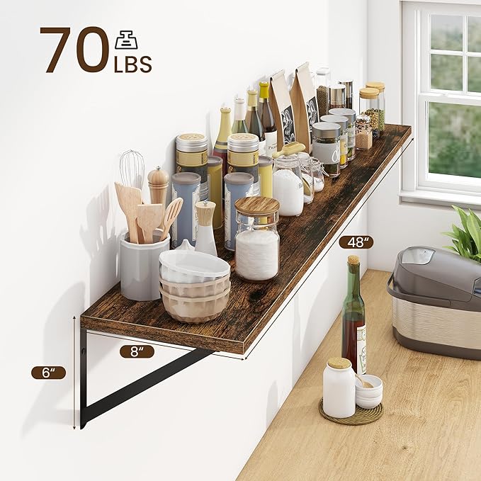 Fun Memories Deep Floating Shelves for Wall, 48W x 8D Wall Mounted Shelves Set of 2, Wide Display Ledge Shelf with Sturdy Metal Brackets for Living Room, Bathroom, Bedroom and Kitchen, Rustic Brown-NeatNest